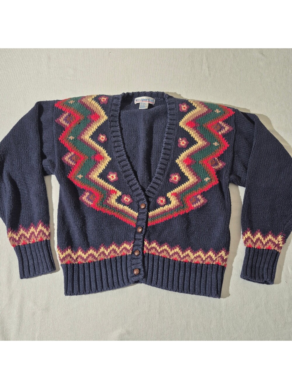 Vintage Westport Ltd navy patterned m medium knit cardigan cottage core